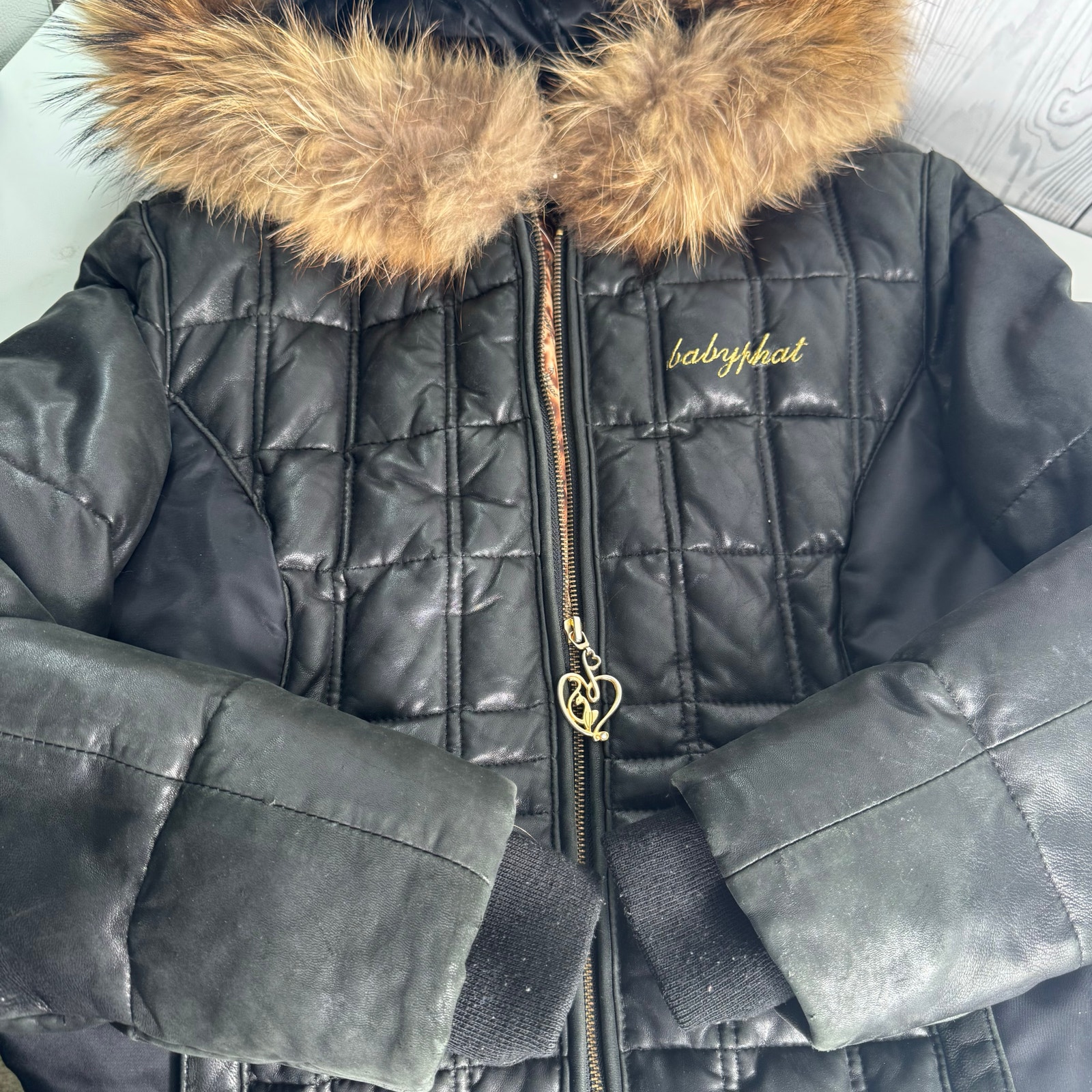 Baby Phat Jacket Womens Xl Black Gold Genuine Leather Puffer Y2k Bomber Vintage